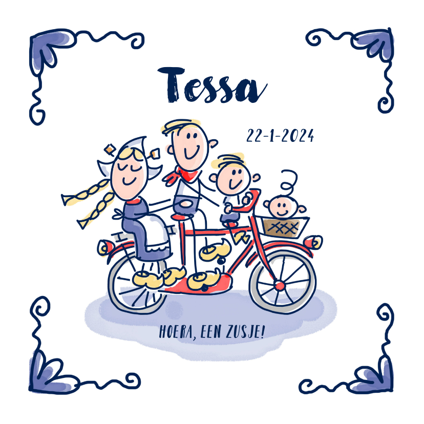 Geboortekaartje delfts blauw met grote broer gezin op fiets - Geboortekaartjes Geboortekaartjes - Geboortekaartje delfts blauw met grote broer gezin op fiets
