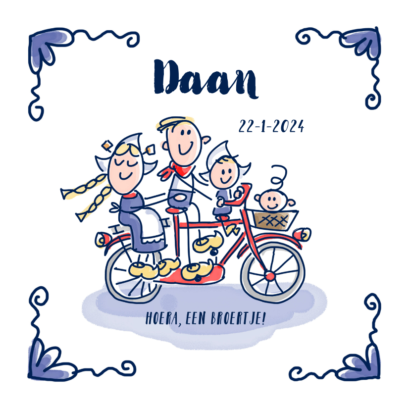 Geboortekaartje delfts blauw met grote zus gezin op fiets - Geboortekaartjes Geboortekaartjes - Geboortekaartje delfts blauw met grote zus gezin op fiets