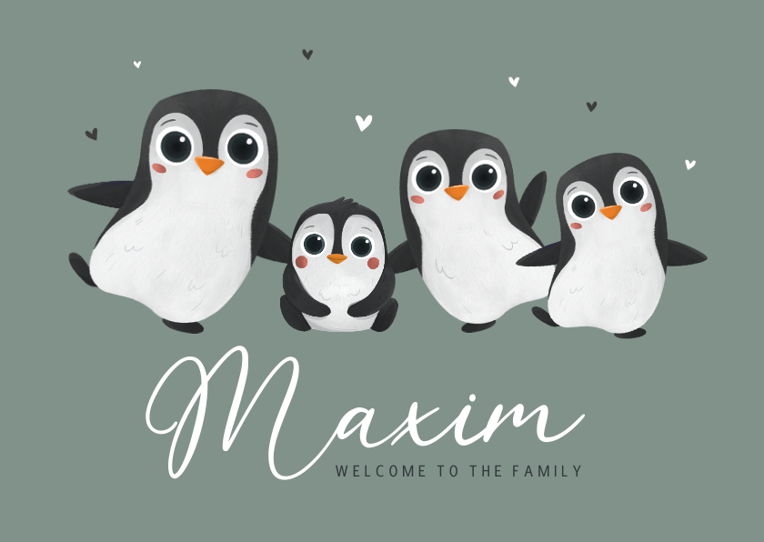 Geboortekaartjes - Geboortekaartje dieren groot gezin pinguïns winter hartjes