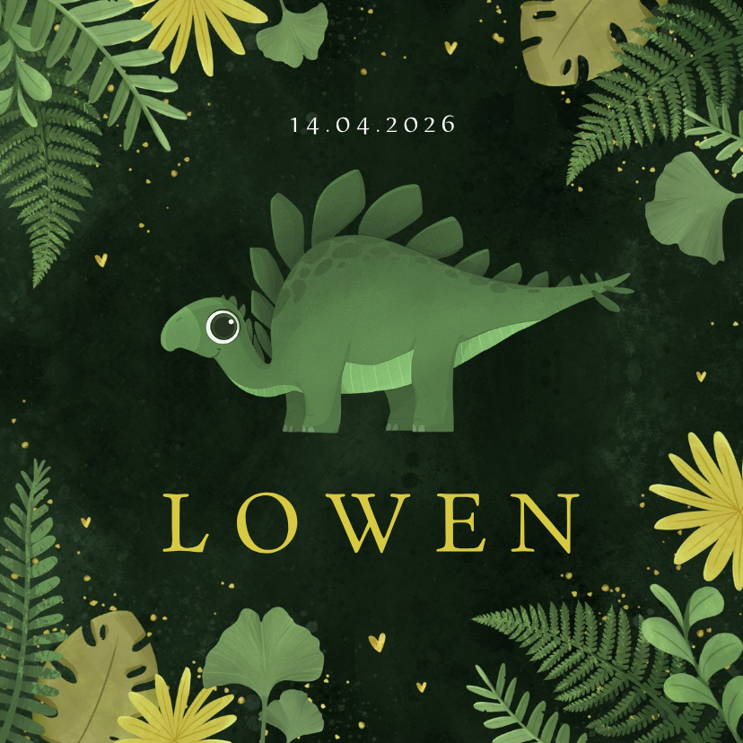 Geboortekaartjes - Geboortekaartje dino stegosaurus groen jungle goud