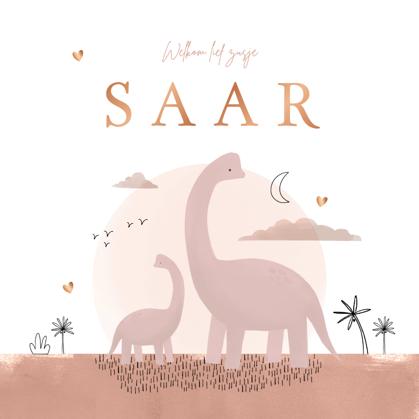 Geboortekaartje dinosaurus zusje maan hartjes koper - Geboortekaartjes Geboortekaartjes - Geboortekaartje dinosaurus zusje maan hartjes koper