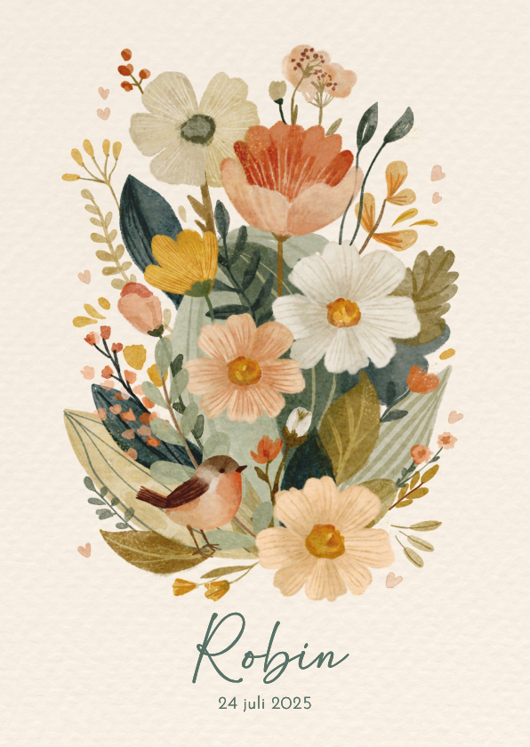 Geboortekaartjes - Geboortekaartje dochter met stijlvolle bloemen en vogeltje
