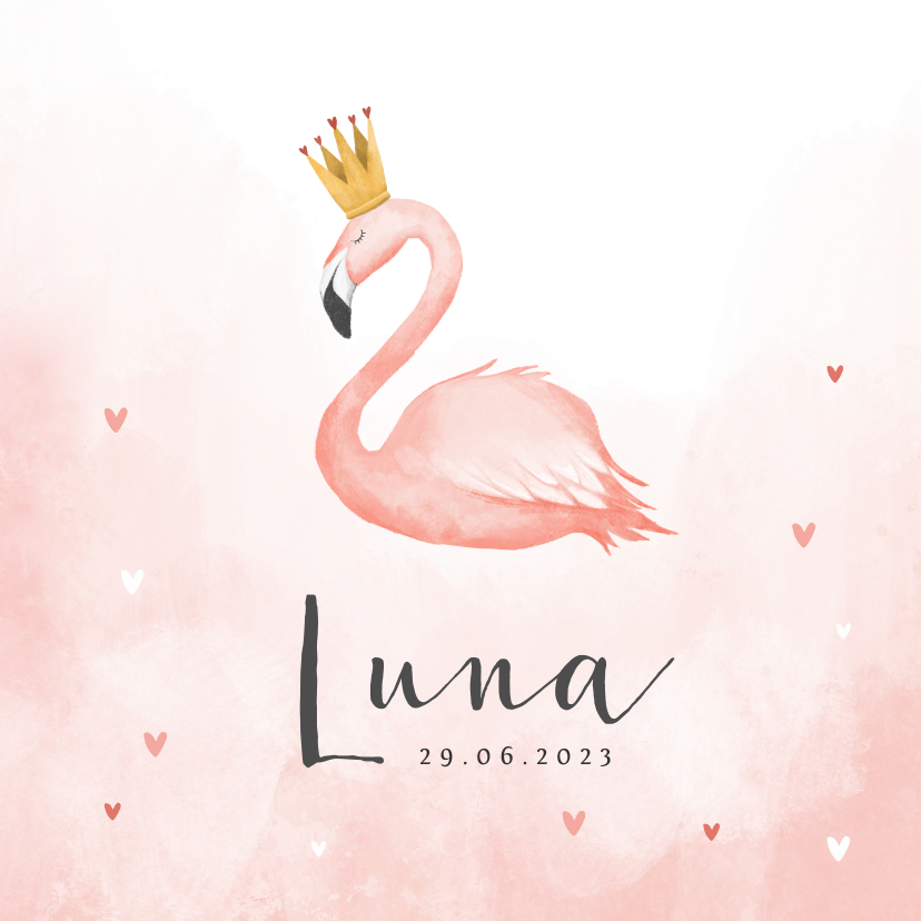 Geboortekaartje flamingo hartjes meisje verf kroontje - Geboortekaartjes Geboortekaartjes - Geboortekaartje flamingo hartjes meisje verf kroontje