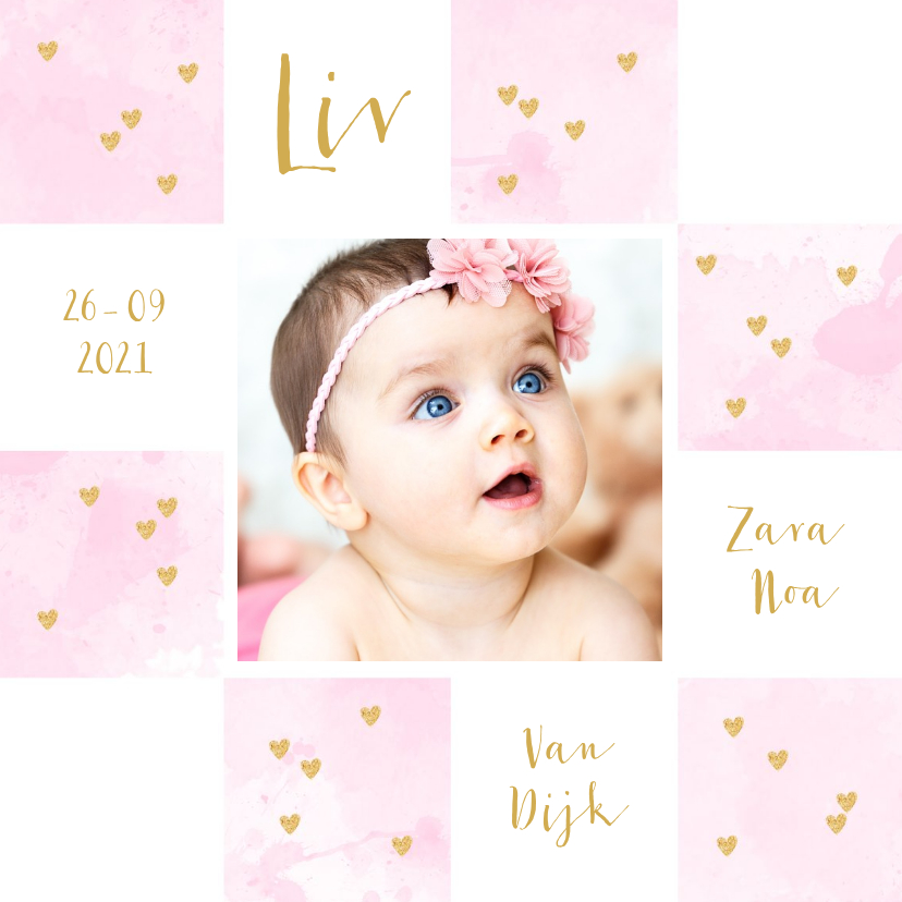 Geboortekaartje foto aquarel hartjes vakjes - Geboortekaartjes Geboortekaartjes - Geboortekaartje foto aquarel hartjes vakjes