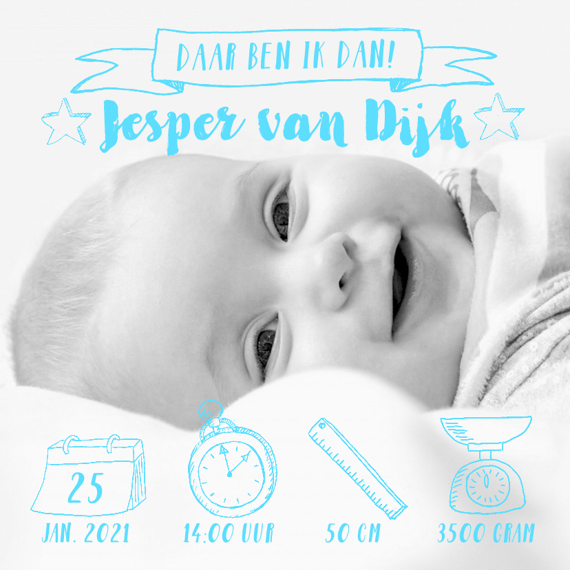 Geboortekaartje foto blauwe icoontjes handlettering - Geboortekaartjes Geboortekaartjes - Geboortekaartje foto blauwe icoontjes handlettering