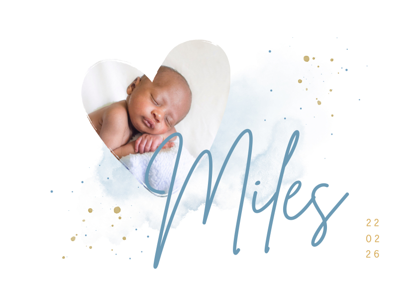 Geboortekaartjes - Geboortekaartje foto in hart blauwe aquarel en grote naam
