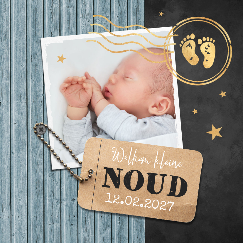 Geboortekaartjes - Geboortekaartje foto label houtlook stempel goud 