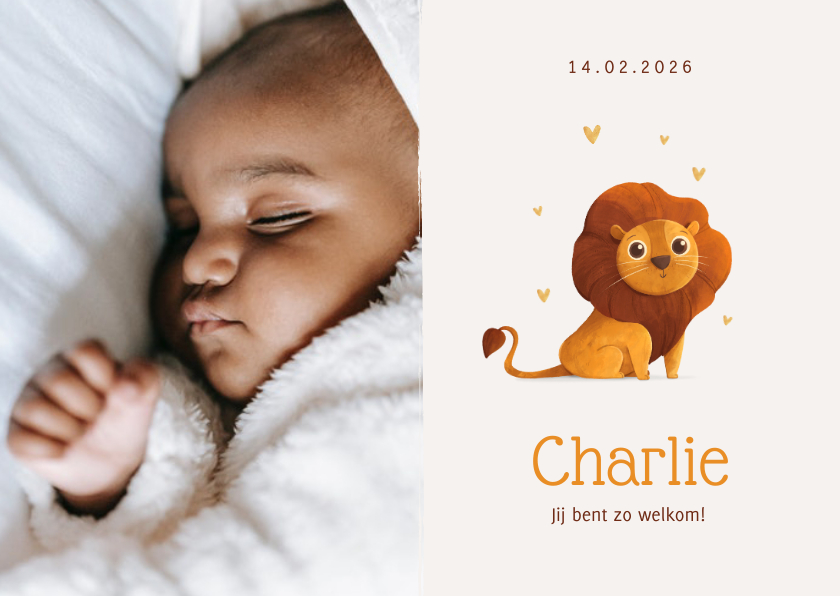 Geboortekaartjes - Geboortekaartje foto leeuw goud minimalistisch hartjes