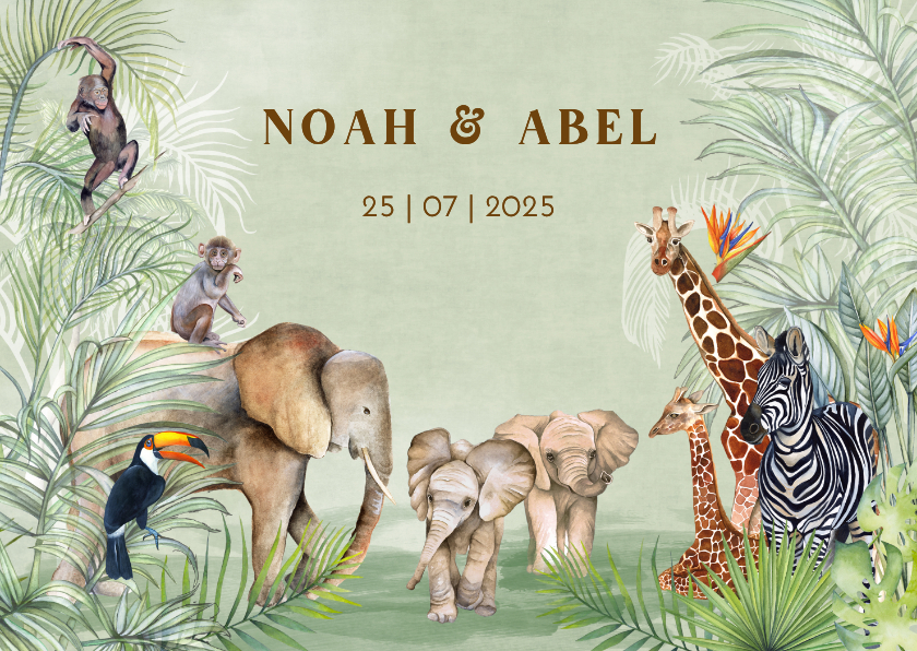 Geboortekaartjes - Geboortekaartje geboorte tweeling jungle 