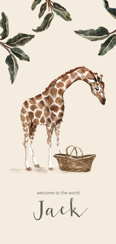 Geboortekaartjes - Geboortekaartje giraf bij een babymandje en groene bladeren