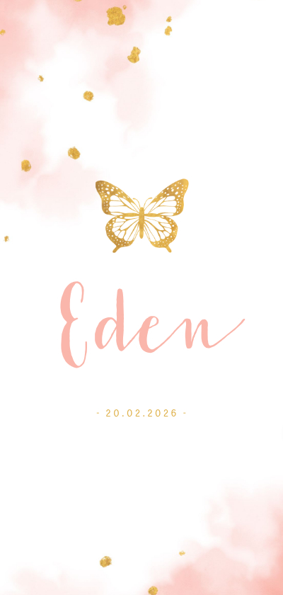 Geboortekaartjes - Geboortekaartje gouden vlinder met waterverf