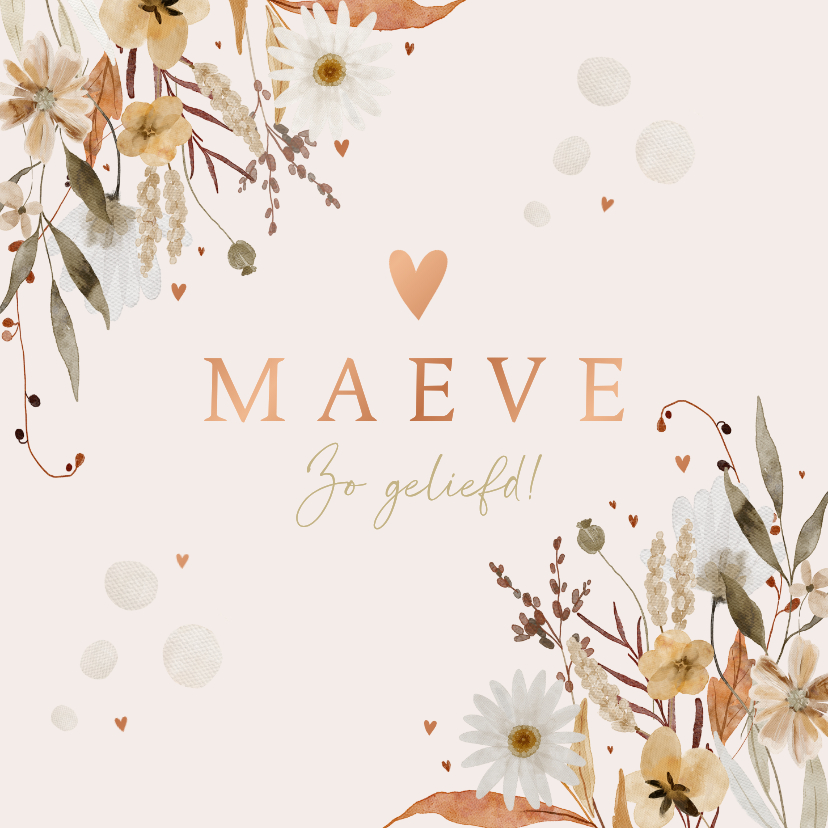 Geboortekaartjes - Geboortekaartje herfst en winterbloemen met hartjes