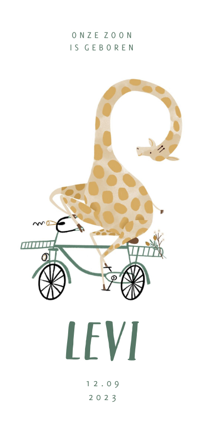 Geboortekaartjes - Geboortekaartje hip met giraf op de fiets illustratie