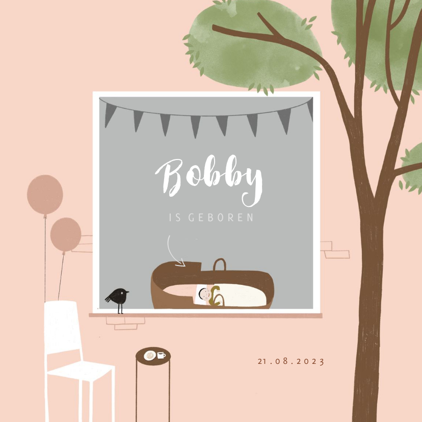 Geboortekaartje hip roze illustratie raamvisite baby - Geboortekaartjes Geboortekaartjes - Geboortekaartje hip roze illustratie raamvisite baby