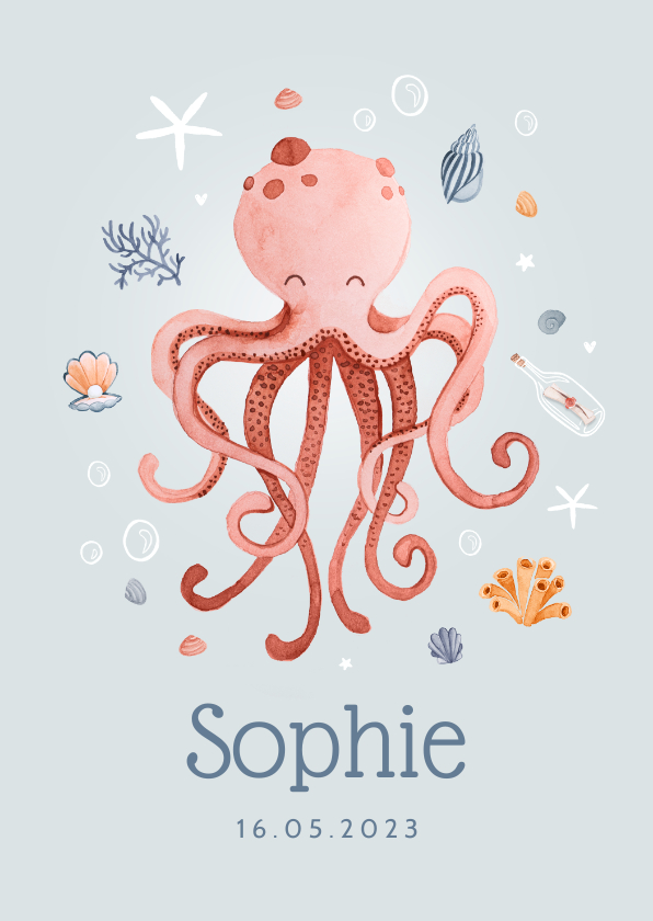 Geboortekaartjes - Geboortekaartje hip zee octopus meisje schelpjes hartjes
