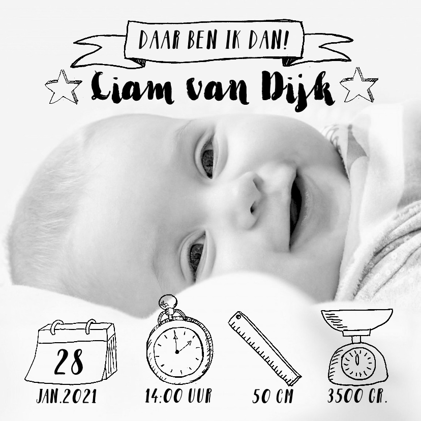 Geboortekaartje icoontjes handlettering zwartwit foto - Geboortekaartjes Geboortekaartjes - Geboortekaartje icoontjes handlettering zwartwit foto