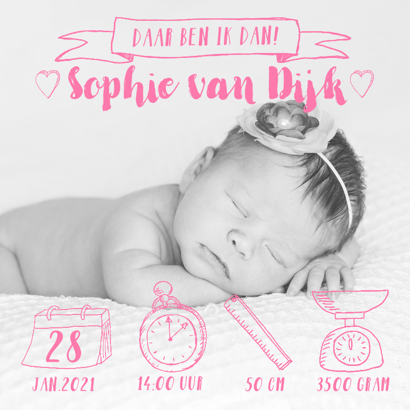 Geboortekaartje handlettering icoontjes foto roze - Geboortekaartjes Geboortekaartjes - Geboortekaartje handlettering icoontjes foto roze