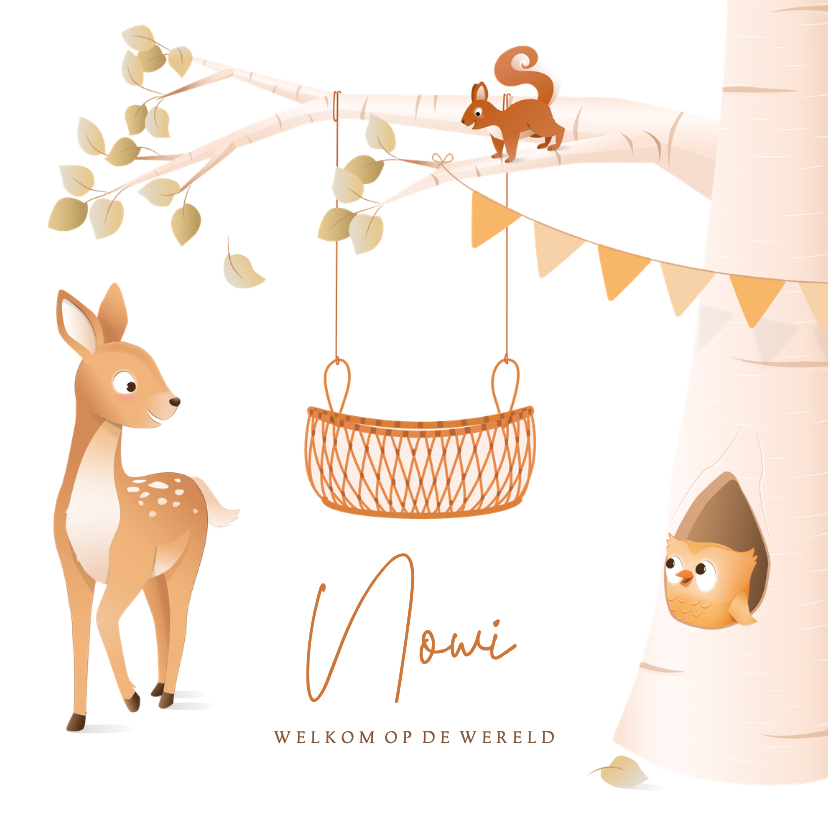 Geboortekaartjes - Geboortekaartje illustratie bosdieren rotan baby mandje