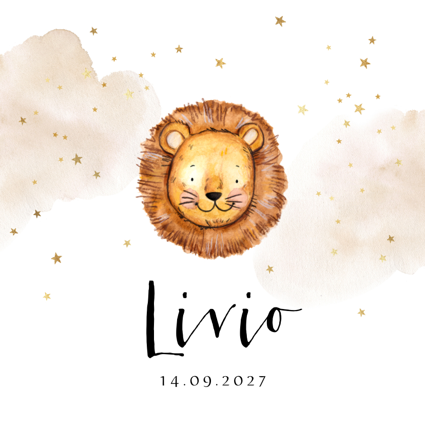 Geboortekaartjes - Geboortekaartje illustratie watercolor leeuw sterren goud