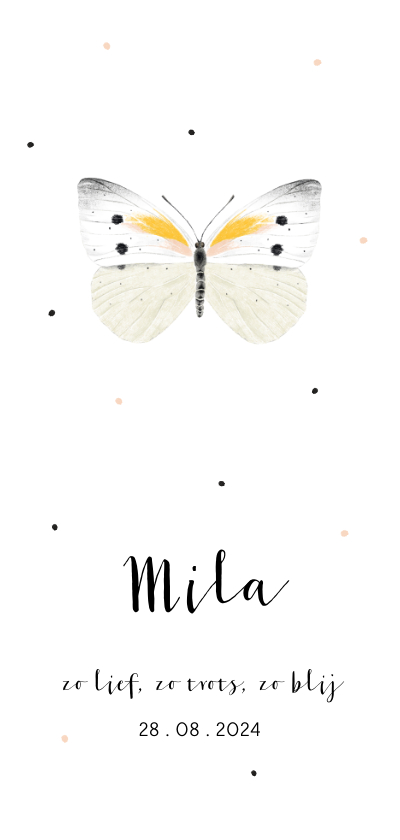 Geboortekaartjes - Geboortekaartje illustratie witte vlinder en stipjes