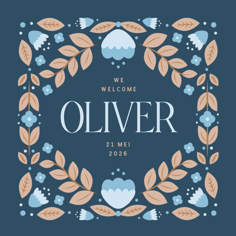 Geboortekaartjes - Geboortekaartje in blauw met illustratief bloemenkader 