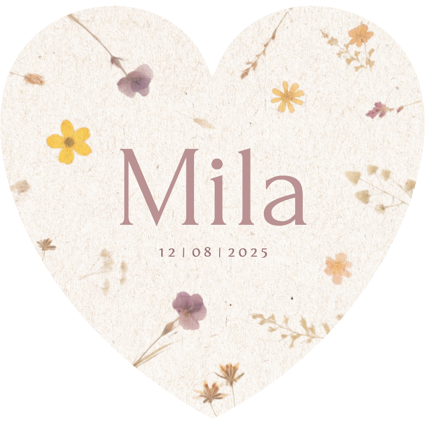 Geboortekaartjes - Geboortekaartje in de vorm van hartje met droog bloemetjes