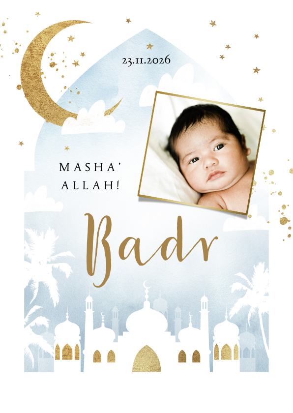 Geboortekaartjes - Geboortekaartje islamitisch blauw waterverf moskee goud