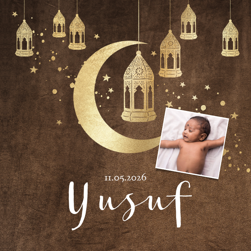 Geboortekaartjes - Geboortekaartje islamitisch goudlook lantaarns, maan velvet