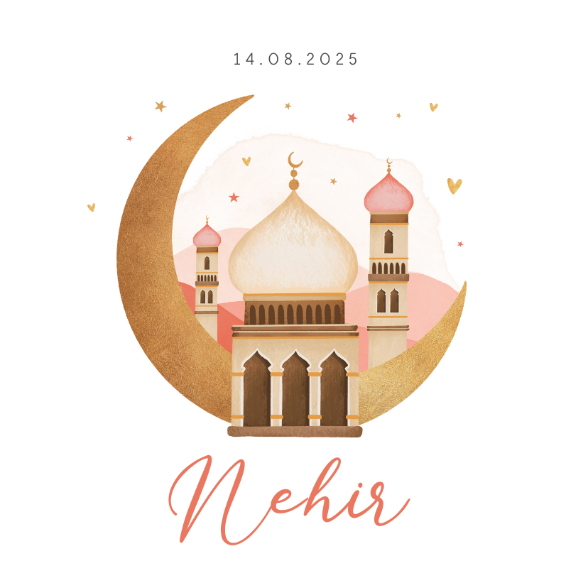 Geboortekaartjes - Geboortekaartje islamitisch maan moskee sterren hartjes