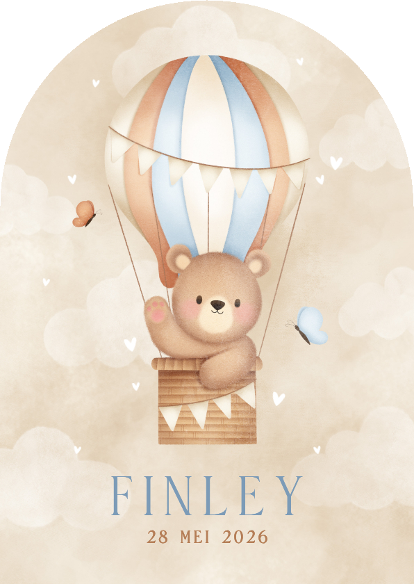 Geboortekaartje jongen beertje luchtballon vlinders & wolken - Geboortekaartjes Geboortekaartjes - Geboortekaartje jongen beertje luchtballon vlinders & wolken