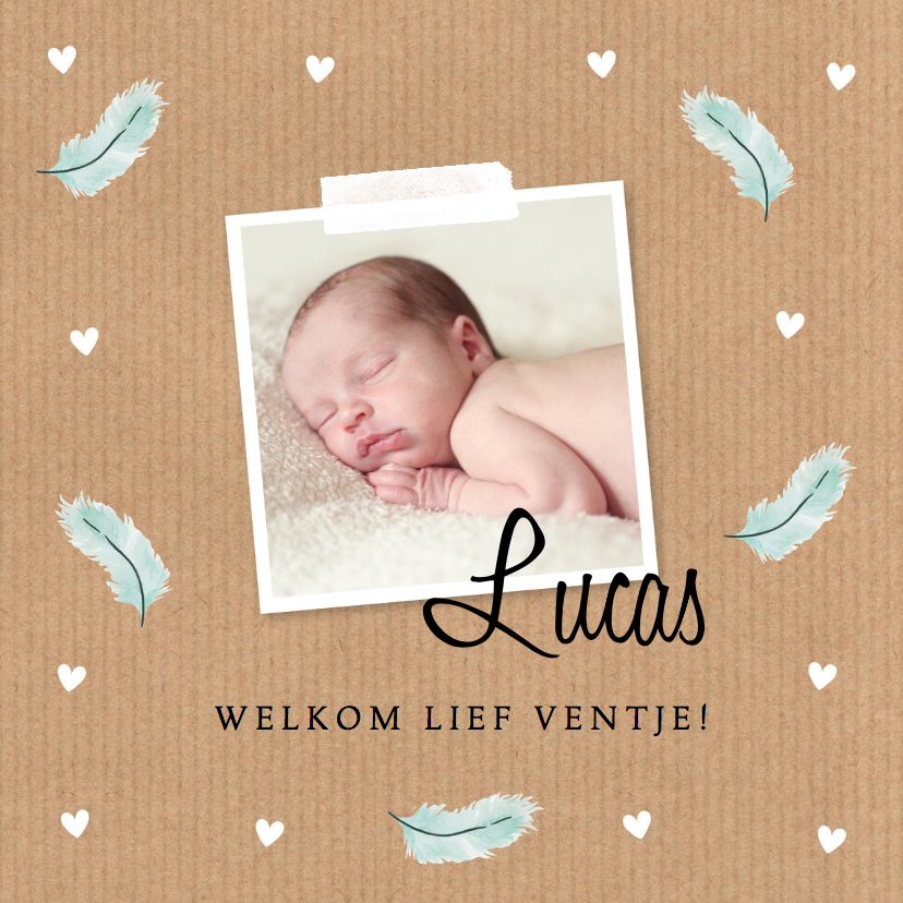 Geboortekaartje jongen foto kraft veertjes - Geboortekaartjes Geboortekaartjes - Geboortekaartje jongen foto kraft veertjes