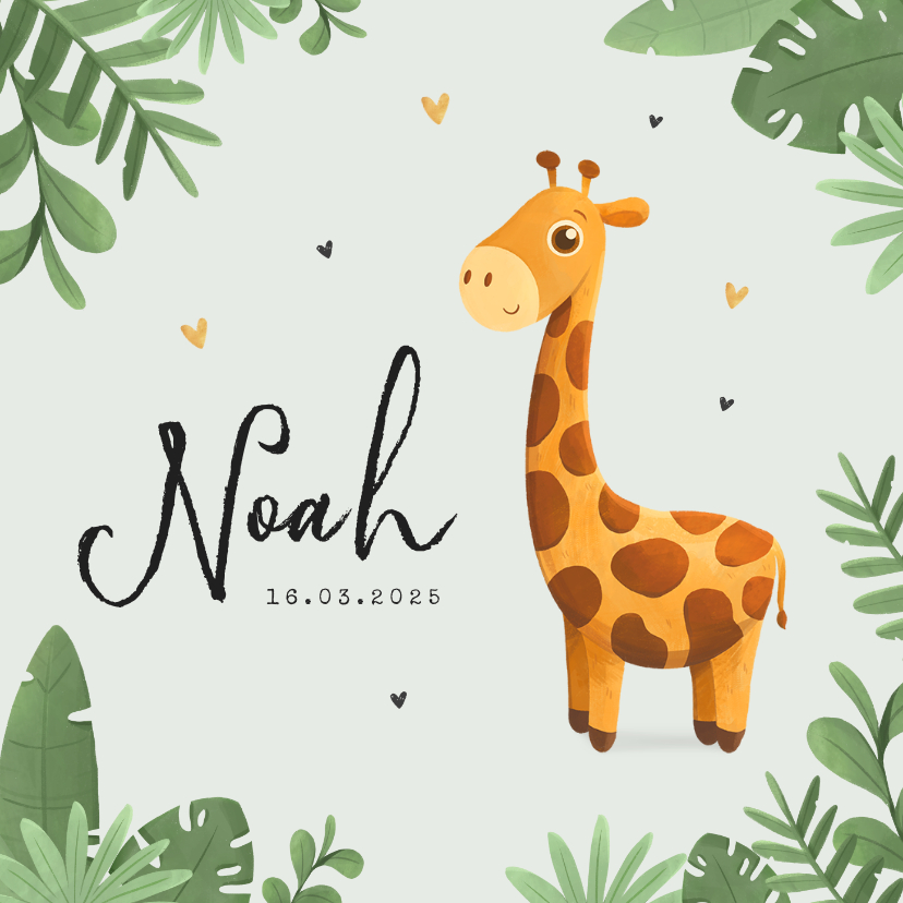 Geboortekaartjes - Geboortekaartje jongen giraf illustratie jungle hartjes