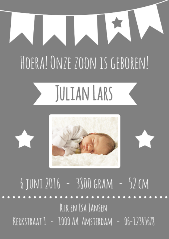 Geboortekaartje Jongen grijs -WW - Geboortekaartjes Geboortekaartjes - Geboortekaartje Jongen grijs -WW