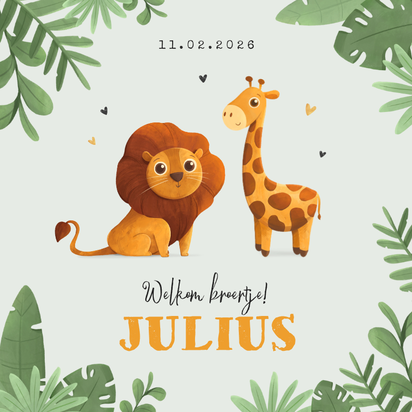 Geboortekaartje jongen jungle dieren leeuw giraf broertje - Geboortekaartjes Geboortekaartjes - Geboortekaartje jongen jungle dieren leeuw giraf broertje