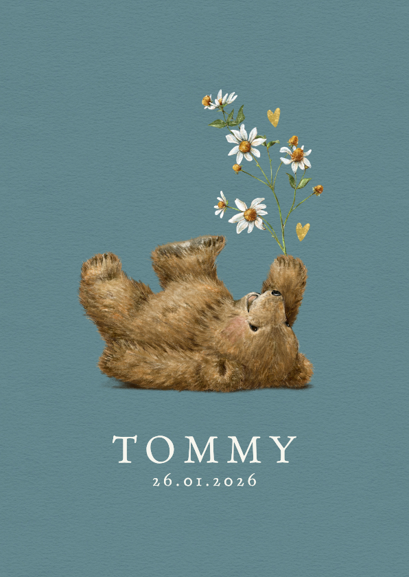 Geboortekaartje jongen met beertje en bloem met hartjes - Geboortekaartjes Geboortekaartjes - Geboortekaartje jongen met beertje en bloem met hartjes