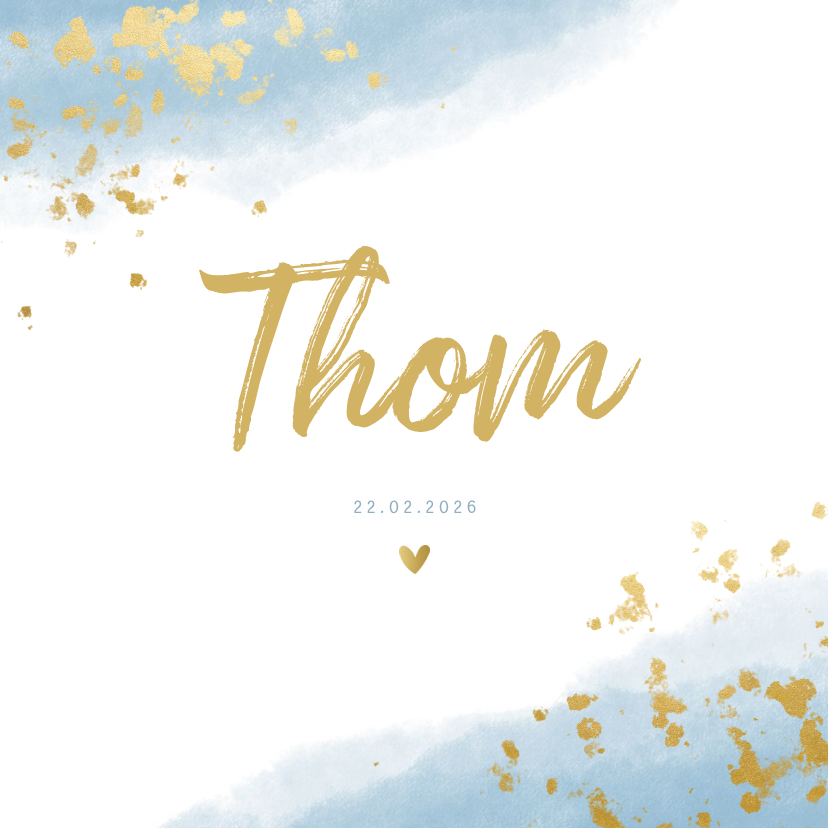 Geboortekaartjes - Geboortekaartje jongen met waterverf en gouden spetters