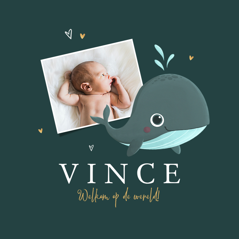 Geboortekaartjes - Geboortekaartje jongen oceaan walvis foto hartjes