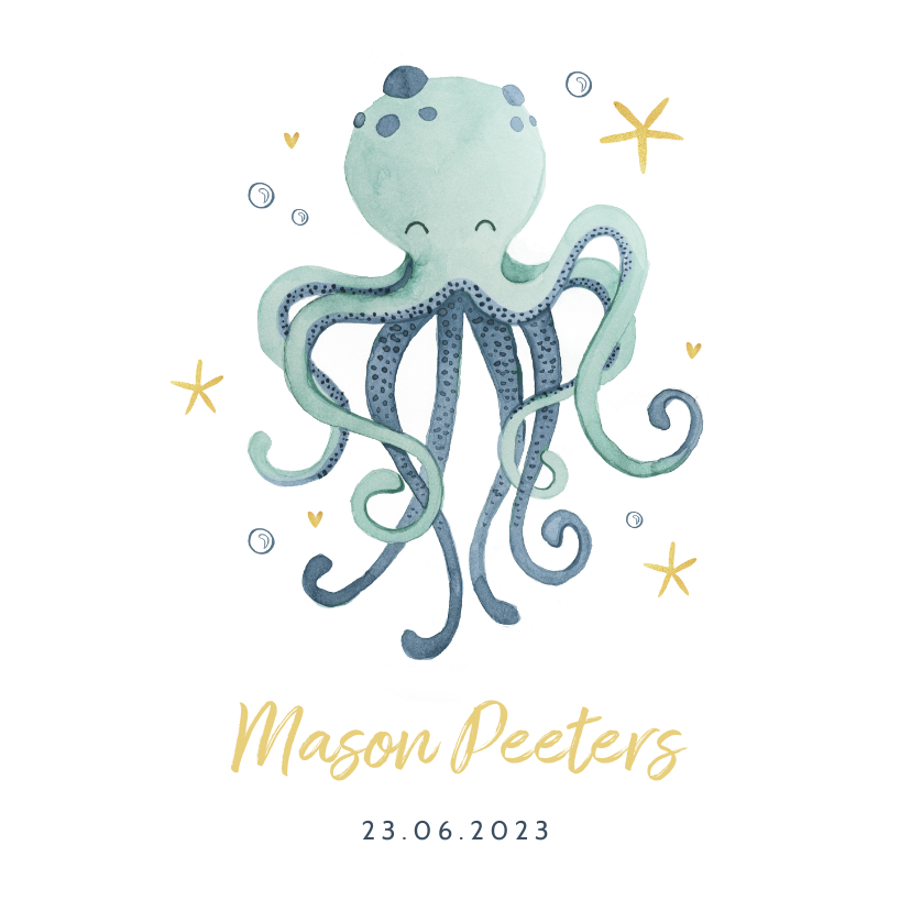 Geboortekaartje jongen octopus oceaan sterren hartjes - Geboortekaartjes Geboortekaartjes - Geboortekaartje jongen octopus oceaan sterren hartjes