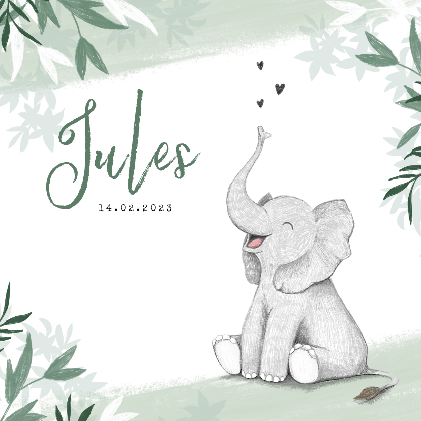 Geboortekaartje jongen olifant dieren groen jungle - Geboortekaartjes Geboortekaartjes - Geboortekaartje jongen olifant dieren groen jungle