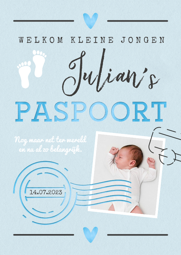 Geboortekaartjes - Geboortekaartje jongen paspoort made with love stempels