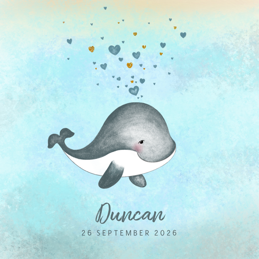 Geboortekaartjes - Geboortekaartje jongen schattig walvisje met hartjes