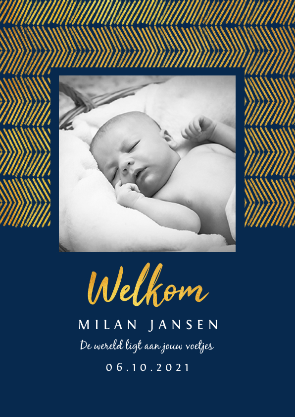 Geboortekaartje jongen stijlvol met foto en goud patroon - Geboortekaartjes Geboortekaartjes - Geboortekaartje jongen stijlvol met foto en goud patroon