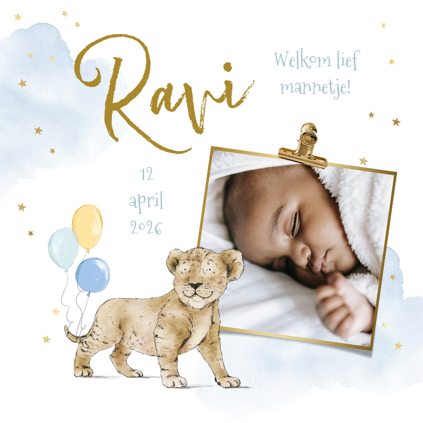 Geboortekaartje jongen welpje ballonnen watercolor foto goud - Geboortekaartjes Geboortekaartjes - Geboortekaartje jongen welpje ballonnen watercolor foto goud