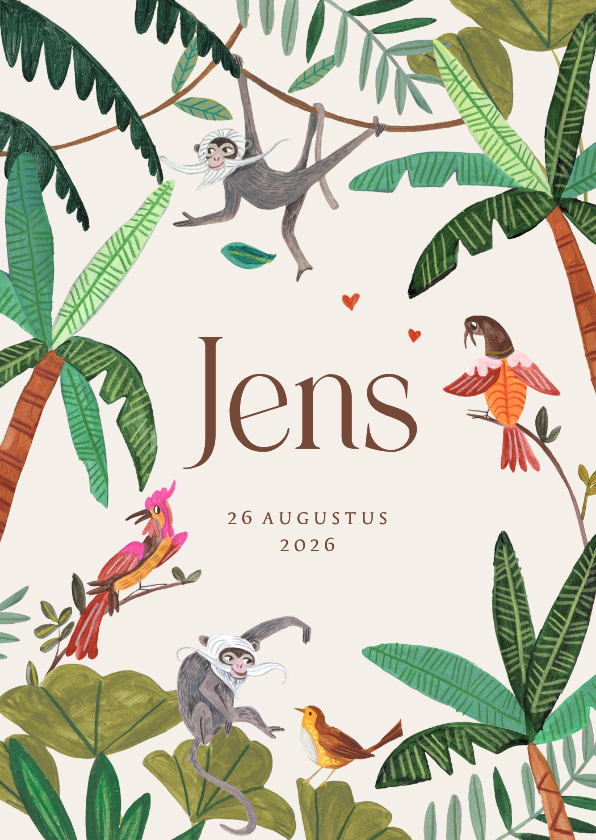 Geboortekaartjes - Geboortekaartje jungle dieren met aapjes en vogels