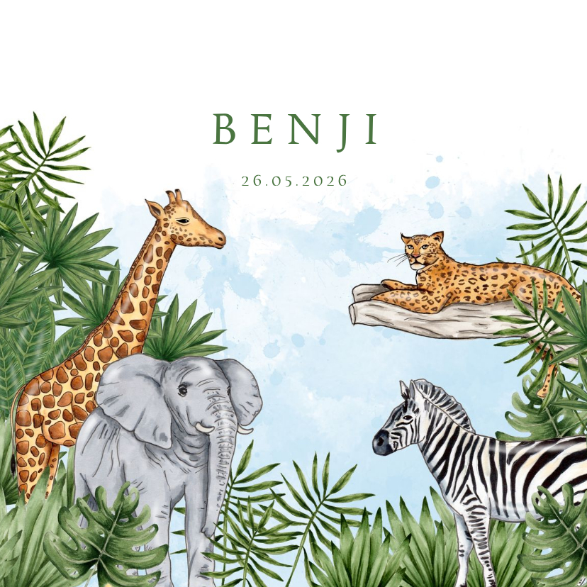 Geboortekaartjes - Geboortekaartje jungle dieren waterverf blauw