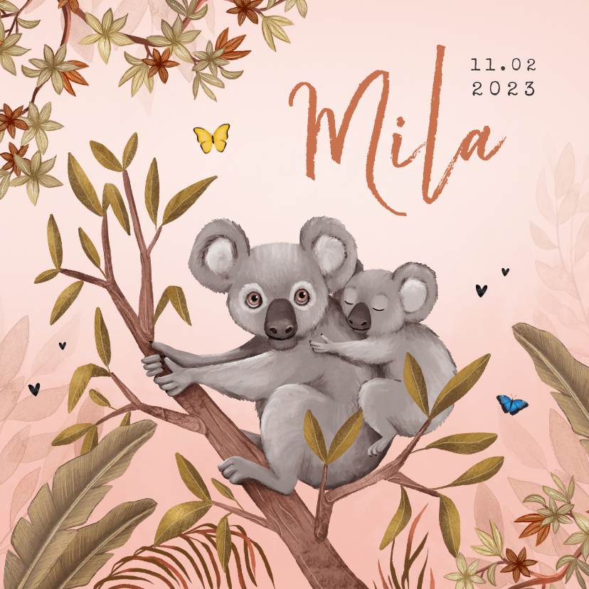 Geboortekaartje jungle meisje koala beer vlinders - Geboortekaartjes Geboortekaartjes - Geboortekaartje jungle meisje koala beer vlinders
