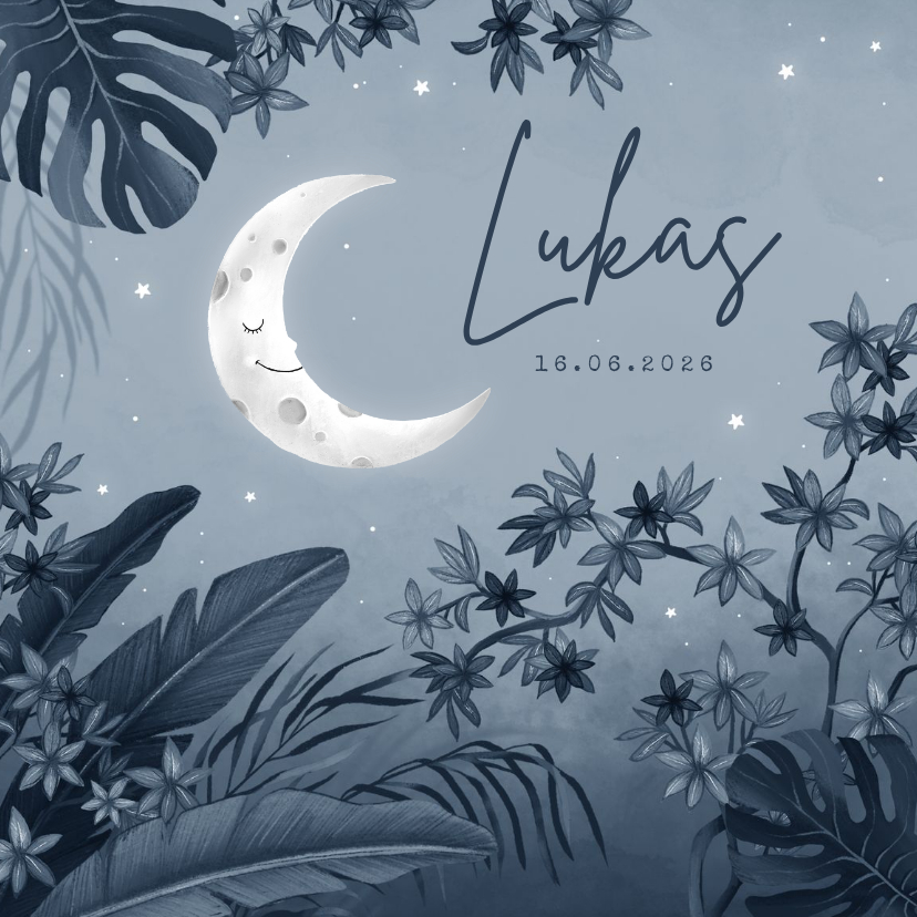 Geboortekaartje jungle nacht maan sterren blauw vintage - Geboortekaartjes Geboortekaartjes - Geboortekaartje jungle nacht maan sterren blauw vintage