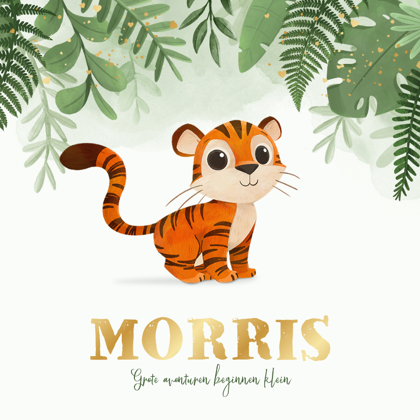 Geboortekaartjes - Geboortekaartje jungle tijger goud hartjes illustratie