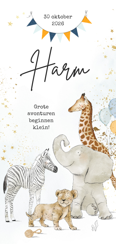 Geboortekaartje jungledieren vlaggenlijn goudlook waterverf - Geboortekaartjes Geboortekaartjes - Geboortekaartje jungledieren vlaggenlijn goudlook waterverf