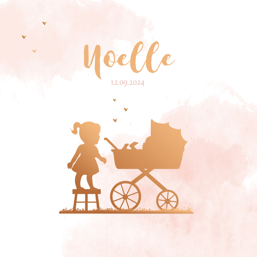 Geboortekaartje kinderwagen met zusje silhouet - Geboortekaartjes Geboortekaartjes - Geboortekaartje kinderwagen met zusje silhouet